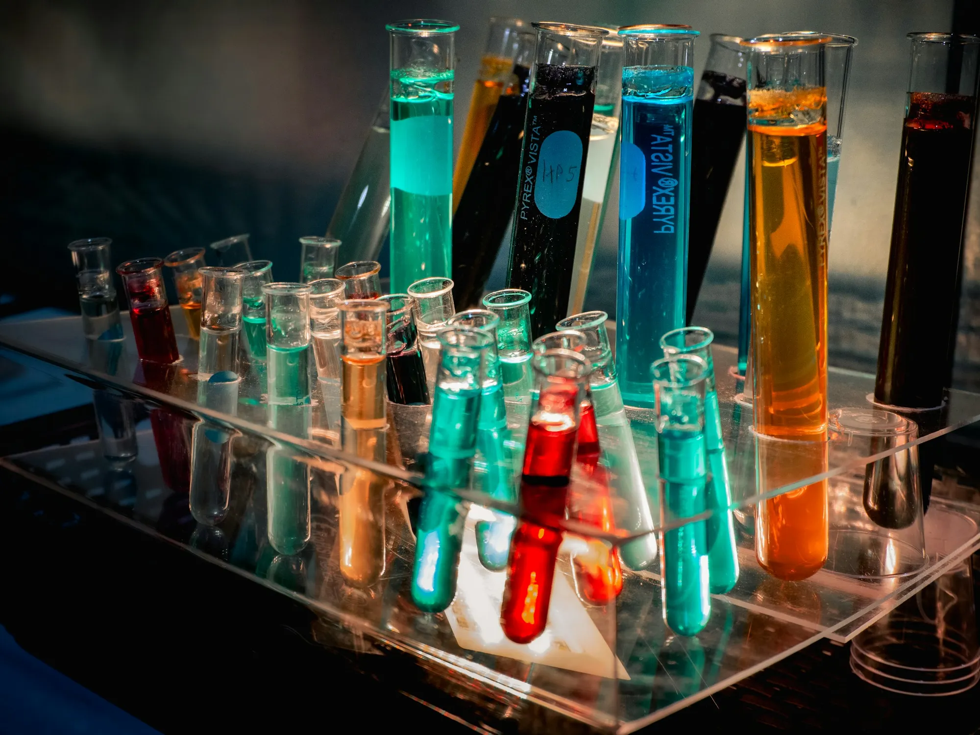 Test tubes of coloured samples in a rack in a hospital laboratory