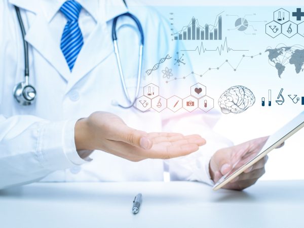 Close up of Doctor is showing medical analytics data, Medical technology concept
